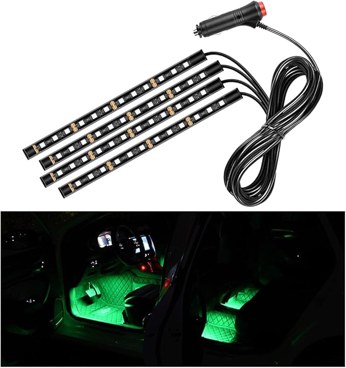 Car LED Strip Light, 48 LEDs RGB Neon Interior Atmosphere Lights, 12V Under Dash Ambient Night Light, Cigarette Lighter Auto Interior Decorative Lamp, Car Accessories (Green)