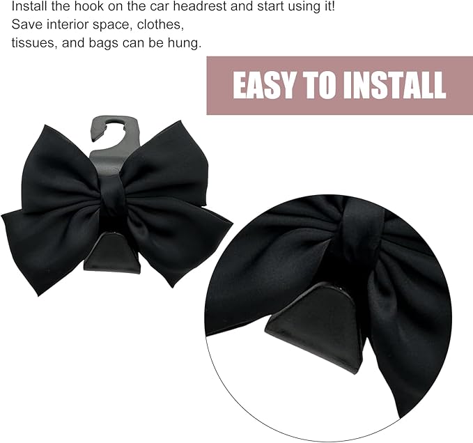 2 Pack Car Seat Headrest Hooks, Cute Bow Design Backseat Hook Storage Organizer for Purses, Handbags, Coats, Umbrellas, Cute Car Accessories for Women and Girls (Black)