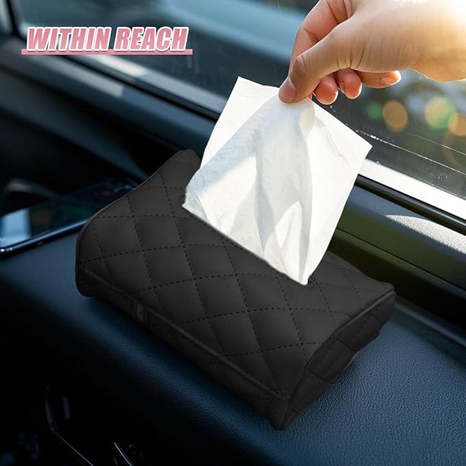 Car Tissue Holder, Soft PU Leather Auto Backseat Napkin Holder, Rectangle Hanging Tissue Box for 100-150 Standard Tissues, Universal Car Interior Storage & Organization Accessories (Black)