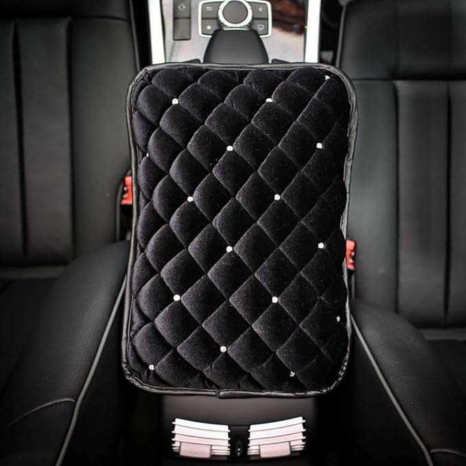 Bling Bling Car Armrest Cover Auto Center Console Protective Cover Luster Crystal Rhinestone Car Arm Rest Cushion Pad Car Interior Accessory (Black 2)