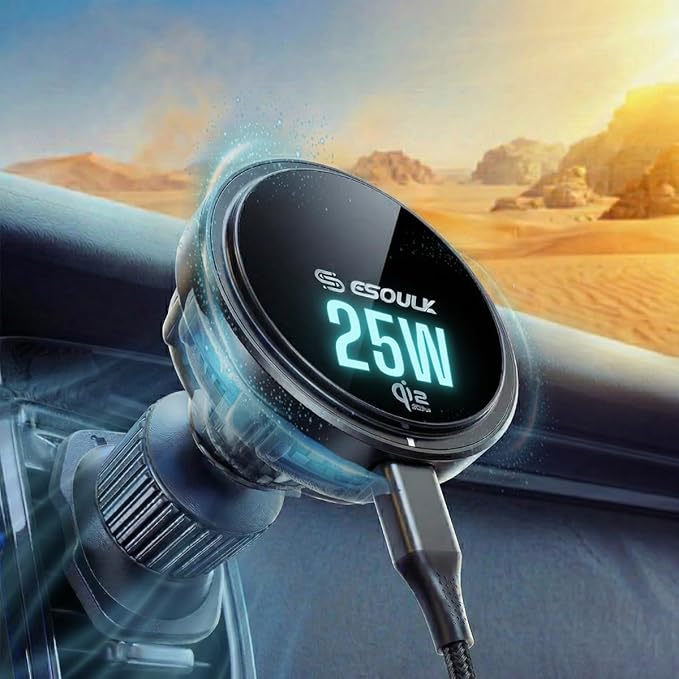 Esoulk [2026 Upgraded] Qi2 25W Fast Wireless Car Charger with Active Cooling Fan for Heat Protection, MagSafe Compatible Magnetic Air Vent Mount with Locking Clip, Phone Holder for iPhone & Android