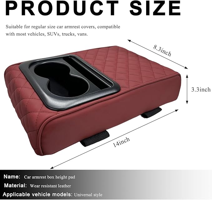 Car Center Console Armrest Pillow, 14"×8.3" Waterproof Leather Armrest Box Cover with Cup and Phone Holder, Soft Memory Foam Arm Rest Console Pad Protector for SUV Truck (Wine Red, Embroidery)