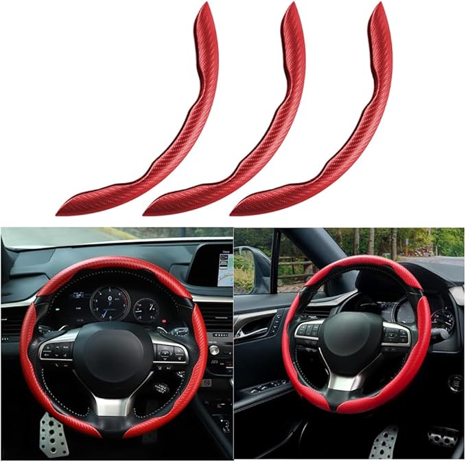 Mandark 3PCS Carbon Fiber Car Steering Wheel Cover, Anti-Skid Leather Vehicle Segmented Steer Wheel Protector, Auto Interior Protection Guard Accessories, Universal for Most Cars (Red)