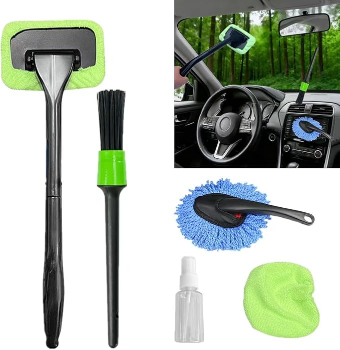 YKT Windshield Cleaner Tool, Car Interior Cleaning Kit & Car Detailing Kit with Car Detailing Brush and Microfiber Head for Car Wash Kit