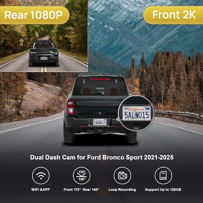 Fitcamx Front 2K+Rear 1080P Dash Cam Adapts for Ford Bronco Sport 2021-2025 (HD2-D5500), 5 Pin Plug, OEM Look, Dual HD Video, Built-in WiFi & APP, Loop Recording, G-Sensor, Easy to Use, 64GB Card