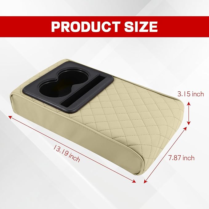 Car Center Console Armrest Pillow, 13.19"×7.87" Leather Car Arm Rest Cover, Memory Foam Auto Armrest Cushion with Cup Holder Phone Slot, Universal Vehicle Middle Console Cushion Pad (Beige)