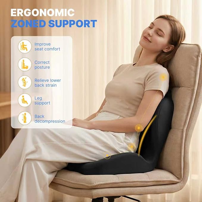 Ergonomic Seat Cushion, Office Chair Seat Cushions with L-Shaped Design, Memory Foam Orthopedic Cushion with Coccyx Hollow, Lumbar Support & Tailbone Pain Relief for Car, Truck, Gaming Chair (Black)