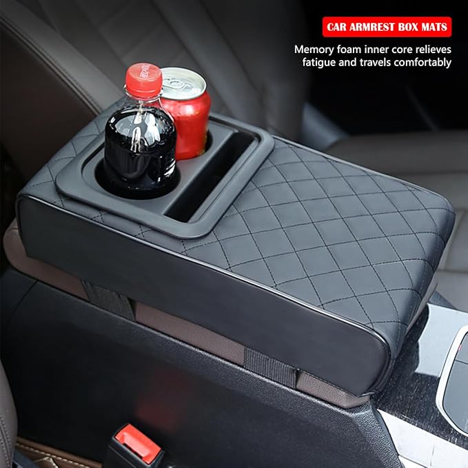 Car Center Console Armrest Pillow with Cup Holder, Leather Middle Console Protection Cushion with Phone Holder, Memory Foam Auto Arm Rest Box Cover, Universal Vehicle Accessories (Black)