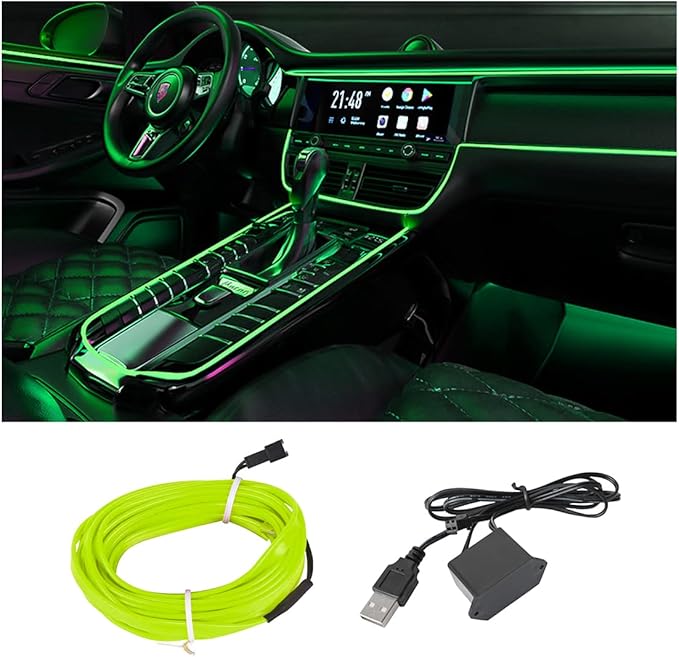 EL Wire LED Strip Lights, USB Auto Neon Light Strip with Sewing Edge, 16FT Electroluminescent Car Ambient Lighting Kit with Fuse Protection, Car Decoration Accessory (Green/16FT)