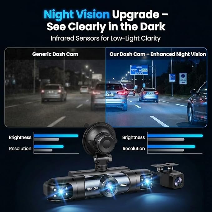 Dash Cam Front and Rear Inside,4 Channel Dashcam for Cars,Car Camera Driving Recorder with IR Night Vision,Loop Recording,3.16 Inch IPS Screen,Parking Mode (Dark Black)