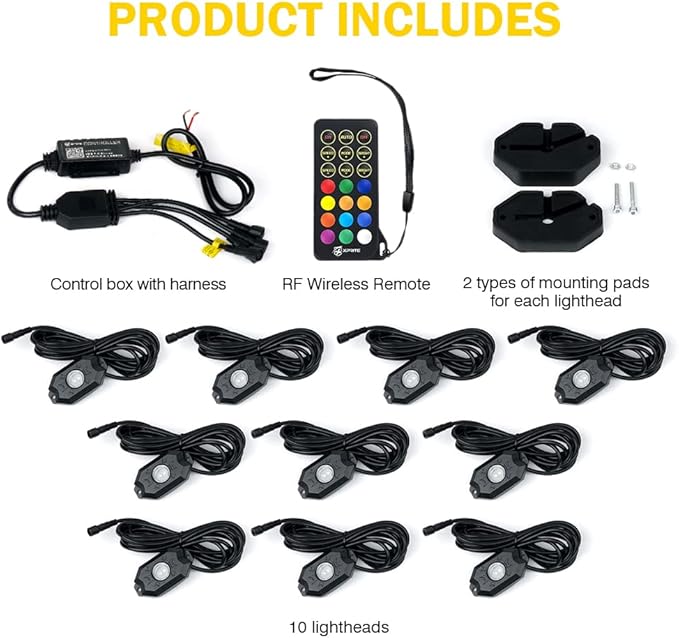Xprite RGBW LED Rock Lights Kit with Bluetooth & Wireless Remote Controller, Multicolor Cars Underglow, Wheel, Footwell Neon Light Kits, for Off-Road UTV ATV Trucks SUV Motorcycle Boats - 10 Pods