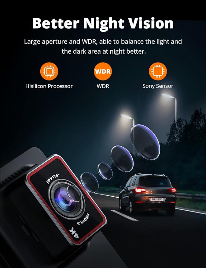 Kingslim D4 Dual Dash Cam with Built-in WiFi GPS, Front 4K/2.5K Rear 1080P for Cars , 3" IPS Touchscreen 170° FOV Dashboard Camera with Sony Starvis Sensor, Support 256GB Max