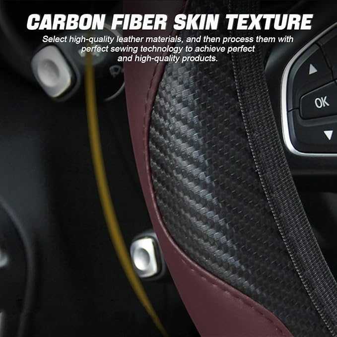 Car Steering Wheel Cover, Microfiber PU Leather Elastic Carbon Fiber Auto Steering Wheel Protector, 15 Inch Breathable Anti-Slip for Women Men, Car Interior Accessories for Most Cars (Black/Wine Red)