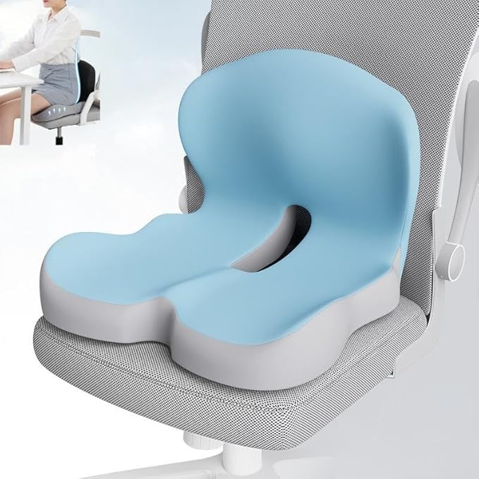 L-Shaped Memory Foam Seat Cushion with Lumbar Support-Ergonomic Car & Office Chair Cushion for Sciatica, Coccyx & Back Pain Relief Supports Hips & Back for Drivers & Long Sitting (Blue Gray)