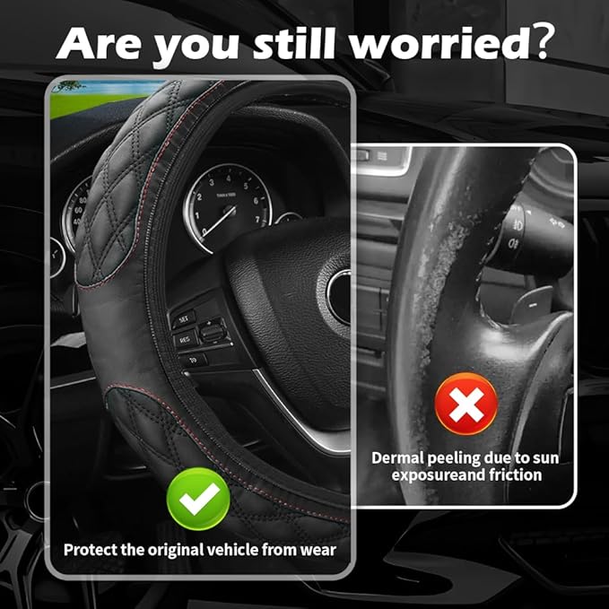 15 Inch Car Steering Wheel Covers with Double Colors,Non-Slip Leather Steering Wheel Cover for Protecting Steerings Wheels,Universal Cars Decorations Car Wheels Cover (Black)
