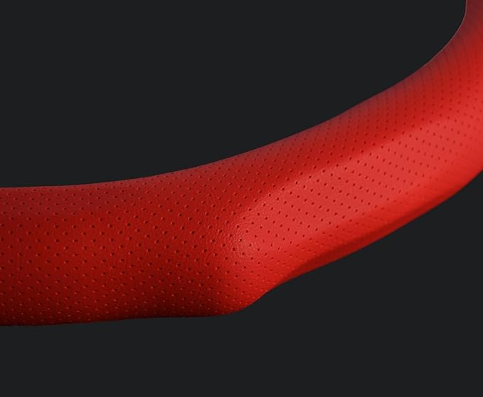 Quick Install Sporty Red Perforated Nappa Leather Steering Wheel Cover Anti-Slip Universal fit 14 ½ to 15 inches Car SUV Pickup Steering Wheel