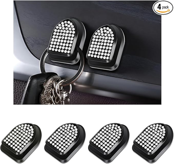 4 PCS Bling Car Mini Hooks, Cute Rhinestone Adhesive Back Seat Auto Hangers, Multifunctional Crystal Hanging Storage Hook for Vehicle Dashboard Wall Hat Coat Towel Key (White)