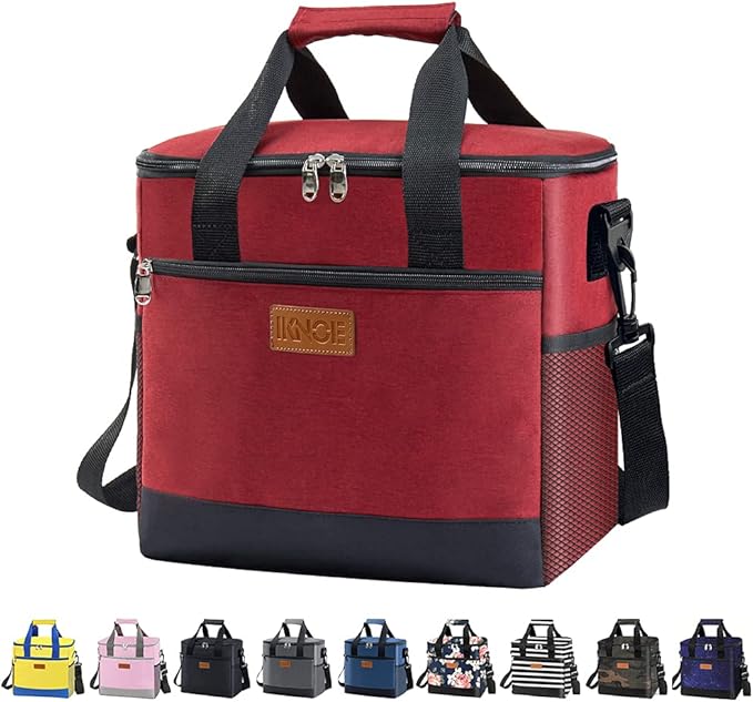 Iknoe Large Cooler Bag Collapsible 24 Can Insulated Bags Leakproof Lunch Cooler Tote with Multi-Pockets for Adult Insulated Thermal Bag for Beach, Picnic, Office Work(Red)