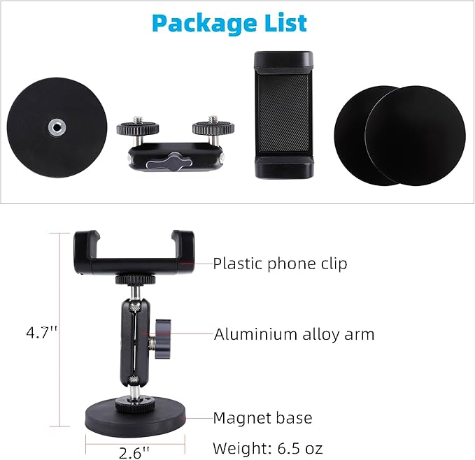 Gym Magnetic Phone Holder Mount with 360° Adjustable Dual Ballhead Magic Arm, Magnet Base Phone Mount for Gym Equipment, Refrigerator, or Any Ferrous Metal Surface, Compatible with All Smartphones