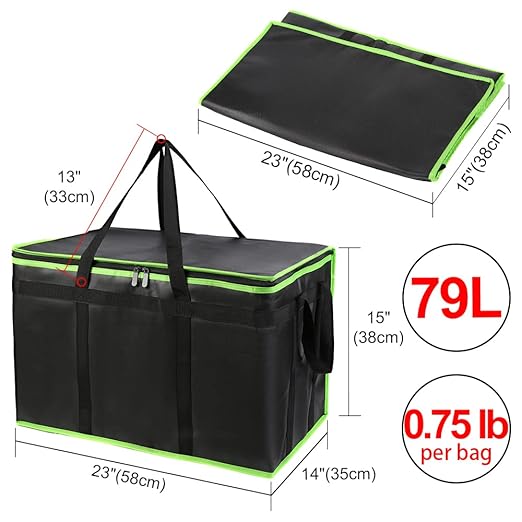 CIVJET 1-Pack Insulated Food Delivery Bag, XXX-Large Commercial Food Warmer for Delivery Drivers, Insulated Reusable Grocery Cooler/Hot Bags, Tote Bag for Shopping/Travel, Black with Green Edge