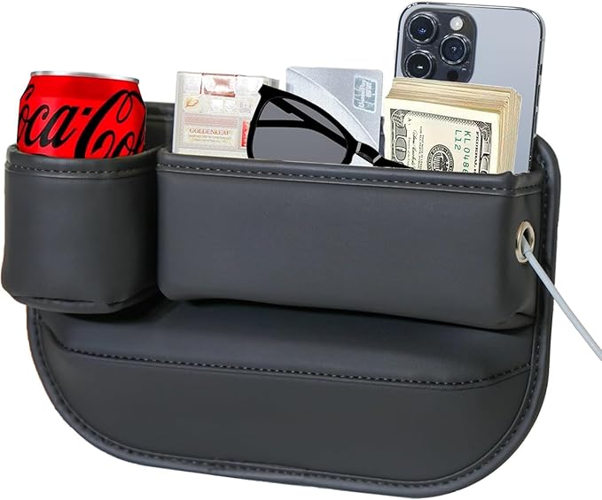 Car Seat Gap Filler Organizer with Cup Holders, Seat Gap Storage Box for Drinks, Phones, Keys, Sunglasses, Cards, and Small Essentials (Black, Passenger Seat)