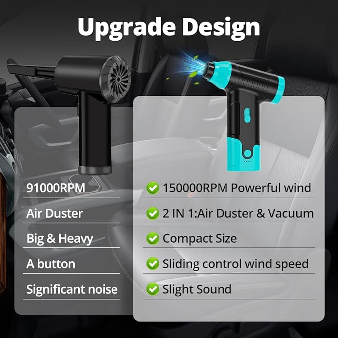 Compressed Air Duster Keyboard Cleaner - Electric Air Blower Cleaning Kit 150,000 RPM Mini Blower Spray to Dust Off Car, PC, Keyboard, Vacuum (Green)