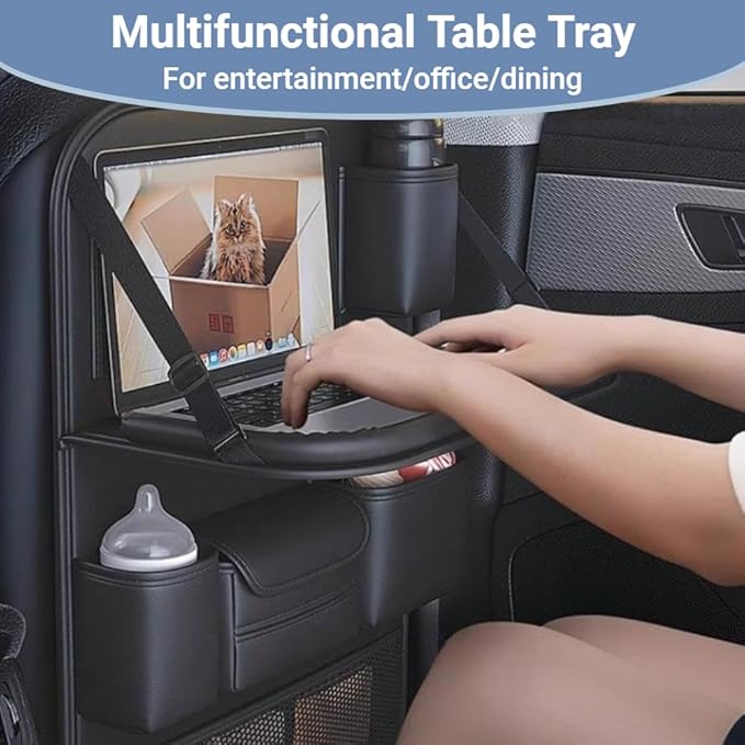 2 Pack Leather Car Backseat Organizer with Foldable Table Tray, Car Seat Back Protector Kick Mats with Tablet Holder, Travel Accessories Storage Organizer