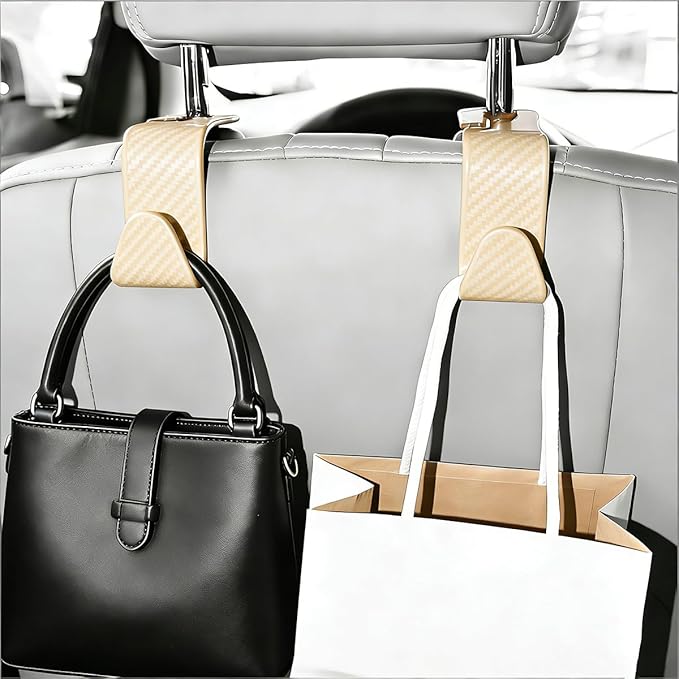 4PCS Car Seat Headrest Hook, Automotive Back Seat Storage Holder Hanger, Vehicle Interior Backseat Organizer Hanging Hook for Purse Handbag Grocery Bags, Universal Fit (Beige)