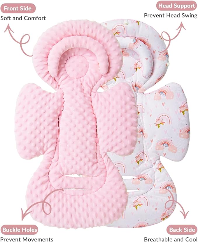 Infant Car Seat Insert with Extra Cushion for Preemie to Toddler, Reversible Newborn Carseat Insert for Baby Head Body Support, Fits for Stroller, Baby Swing, Bouncer - Dots, Pink