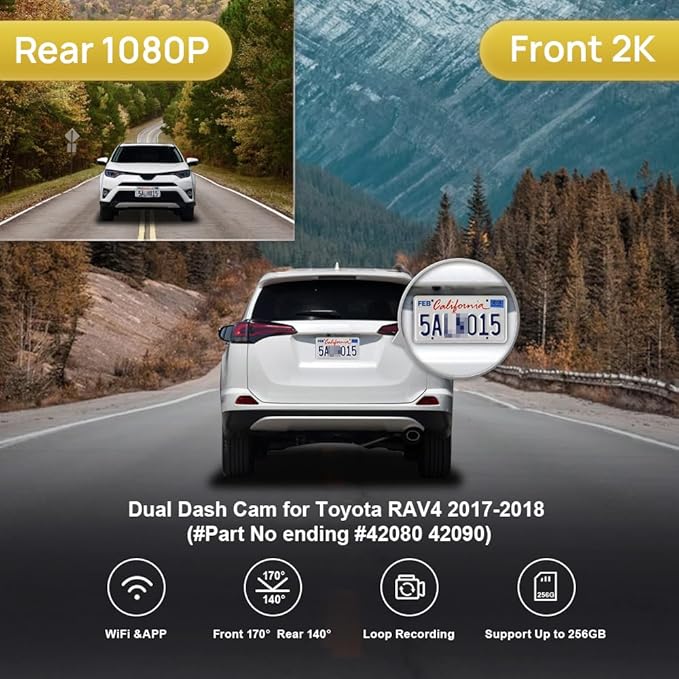 Fitcamx Front 2K+Rear 1080P Dash Cam Adapts for Toyota RAV4 2017 2018 (Part No #42080/42090), OEM Factory Look, Dual HD Video, Buillt-in WiFi & APP, Loop Recording, G-Sensor, Easy to Set, 64GB Card