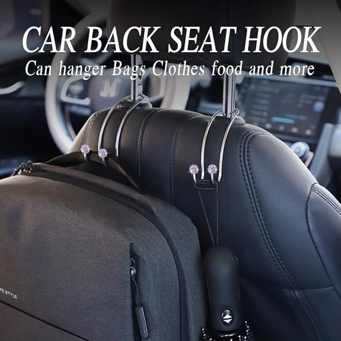 SAVORI Auto Hooks Bling Car Hangers Organizer Seat Headrest Hooks Strong and Durable Backseat Hanger Storage Universal for SUV Truck Vehicle 2 Pack (Light Purple)