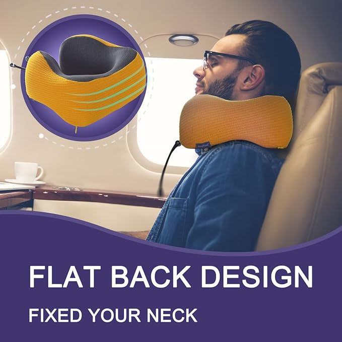 napfun Neck Pillow for Traveling, Upgraded Travel Neck Pillow for Airplane 100% Pure Memory Foam Travel Pillow for Flight Headrest Sleep, Portable Plane Accessories, Yellow Striped Kit