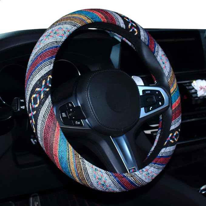 SHIAWASENA Car Steering Wheel Cover, Coarse Flax Cloth, Ethnic Style, Universal 15 Inch Fit, Anti-Slip Sweat-Absorbent (D#)