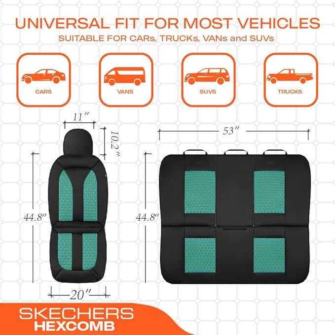 Skechers Memory Foam™ Car Seat Cover Full Sets, Hexcomb Breathable Thick Seat Covers, Airbag Compatible, Automotive Comfort & Protection for Most Cars,Van,Trucks, SUVs (Green,Full Set)