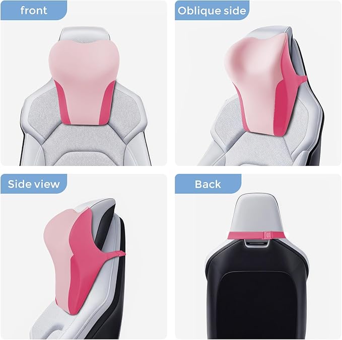BABUR Car Headrest Pillow | Ergonomic Memory Foam Neck Shoulder Support Pillow with Adjustable Design & Enlarged Surface | Pain Relief for Driving Travel Sleeping | Pink1 Pack