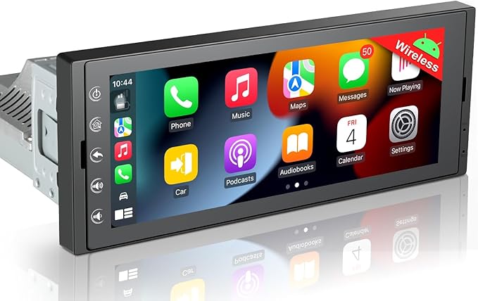 Android Single Din Radio Car Stereo with Wireless Apple CarPlay & Android Auto - 6.9" InCell Touchscreen Car Radio Support Backup Camera, Mirror Link, Bluetooth, GPS, AM&FM, RDS, USB, EQ, SWC