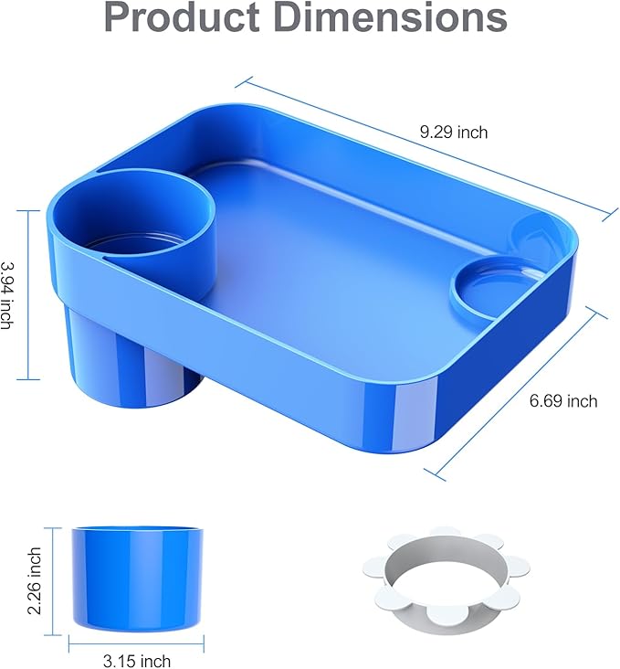 Car Seat Snack Tray for Toddlers - 3 Inch Cup Holder Fits Most Sippy Cups & Straw Bottles with Dip Well, Mess-Free Square Kids Travel Tray Road Trip Essentials, Blue