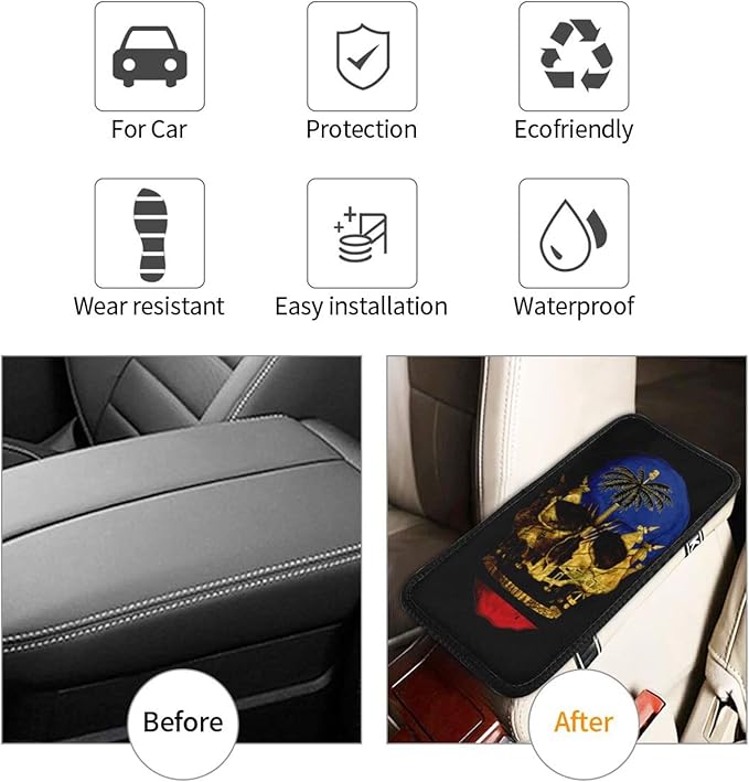 Haitian Flag Haitian Skull Car Armrest Cover Auto Center Console Pad Soft Car Armrest Cushion Handrail Box Universal Decoration Cushion