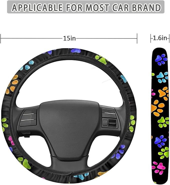AFPANQZ Puppy Paw Prints Car Steering Wheel Covers Sweat Absorption Comfortable Grip Universal 14-15 inch Stretch-on Fabric Keep Warm Steering Wheel Protector for Women Gift Black Colored