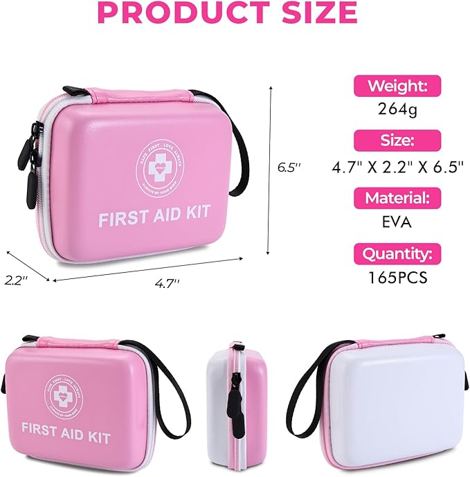 Small First Aid Kit - 165 Piece Dual-Color Emergency Medical Kit with Hard Shell & Fluorescent Exterior Coating, Emergency First Aid Kit for Home, Car, Travel, Hiking & Outdoor(Pink/White)