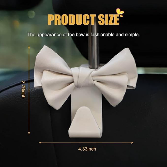 2 Pack Car Seat Headrest Hooks, Cute Bow Design Backseat Hook Storage Organizer for Purses, Handbags, Coats, Umbrellas, Cute Car Accessories for Women and Girls (White Leather)