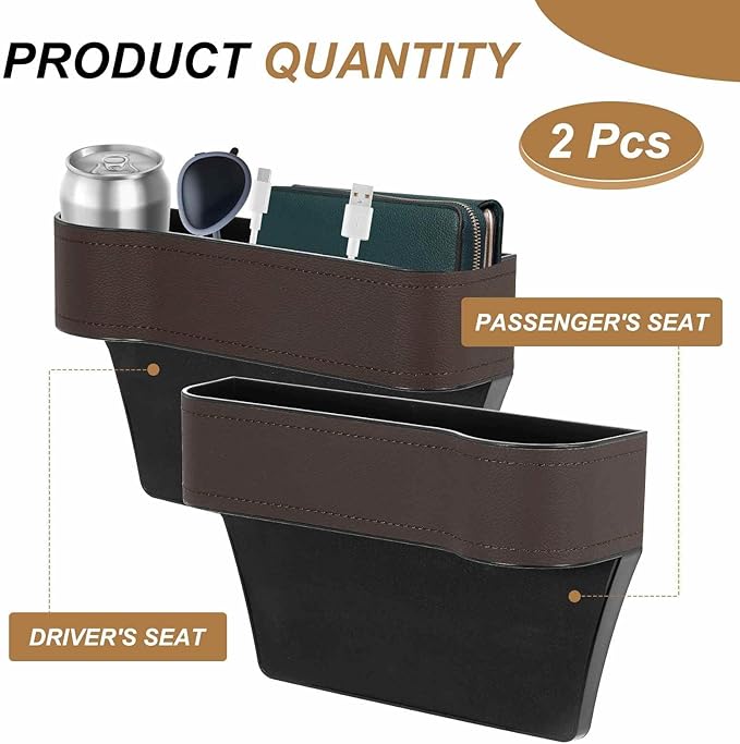 HARFINGTON 2pcs Car Seat Gap Filler Organizer 10.2 x 6.5 x 3.1 Inch ABS+Leather Universal Car Organizer Storage Box Between Seat and Console (Left+Right) with Cup Holders for Phone, Brown