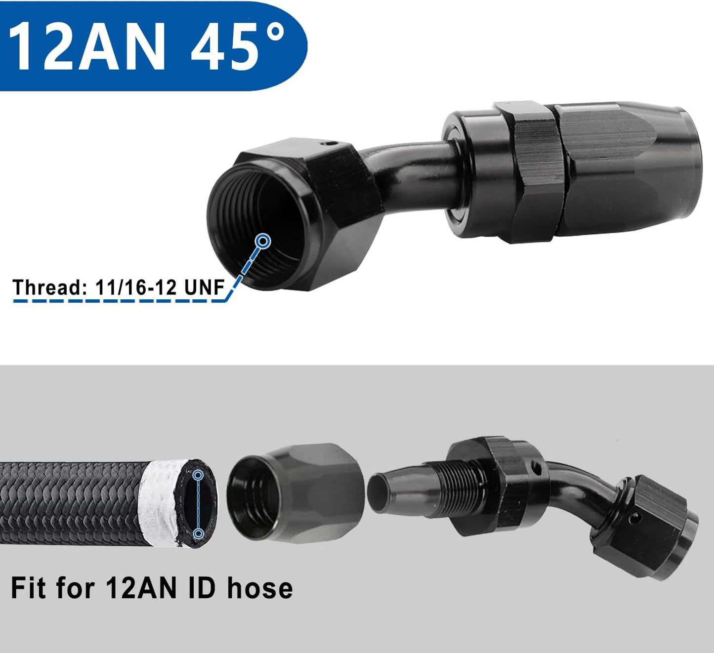 LokoCar 12AN Hose End Fitting 45 Degree Swivel For CPE Braided Hose Black 2Pcs