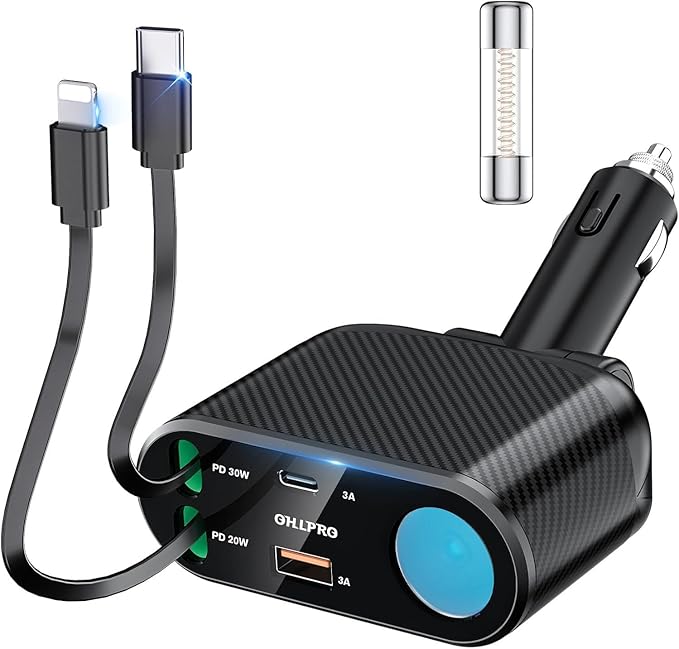 OHLPRO Retractable Car Charger Cigarette Lighter Adapter, 168W 5 in 1 Fast Phone Charging Built-in Replaceable Fuse, Socket Splitter with USB C and USB i Cord, Fit for Phone iPad Galaxy GPS, Black