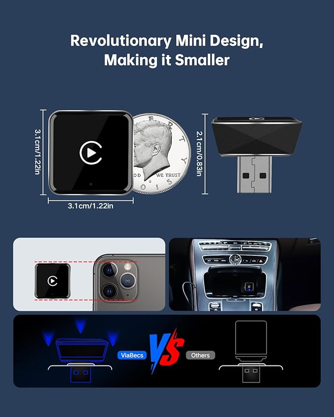 2025 Upgraded Apple Car Play Wireless Adapter for iPhone - Factory Wired CarPlay to Wireless, Auto-Reconnect, Plug & Play for iOS 10+ (iPhone 6+), Fast Stable Connection, Mini Design for Cars 2016+