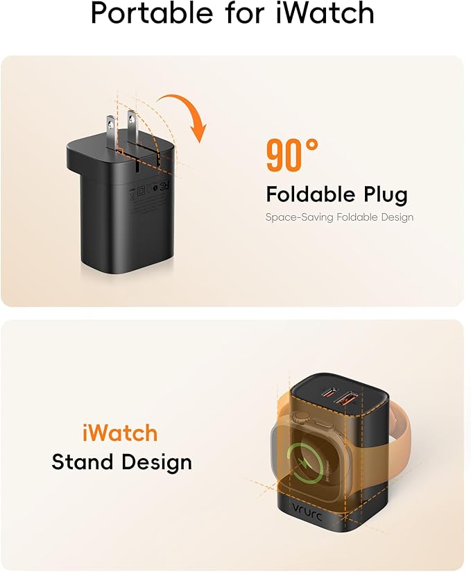 VRURC Charger for iPhone & Apple Watch, 20W USB C Fast Charging Block, 3-in-1 Compact Travel Adapter with 2 Port for iPhone 17/16/15/14/13, Wireless Magnetic for iWatch SE/11/10/9/8/7/6/5/4-Black