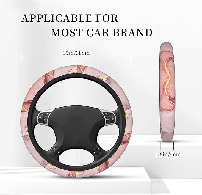 Gold Pink Marble Steering Wheel Cover Women Men Elastic Stretch Soft Car Wheel Protector Universal Breathable No-Slip Car Accessories for Truck Van SUV Auto Fit 14-15 Inches