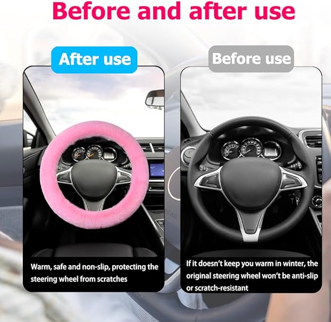 Fluffy Steering Wheel Cover, Winter Warm, Suitable for Most Car Steering Wheels in The 14-15 Inch Range (Pink, 3PCS)