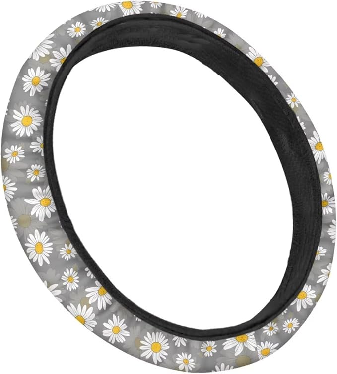 SEANATIVE White Daisy Car Steering Wheel Cover Universal Car Accessory for Diverse Cars Neoprene Dust Cover for Steering Wheel
