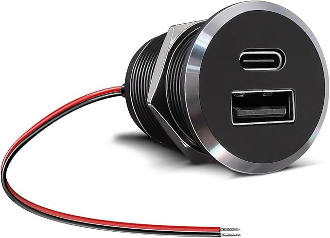 12V USB Outlet All-Aluminum QC 3.0 USB-A & USB-C PD3.0 Dual Fast Car Charger Socket, Recessed Mount Car USB Port for Car Truck Boat RV Camper Van Trailer (Small Version)